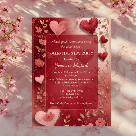 Invitaciones Acrílicas Galentine's Day Party Heart Ivory Vine Floral Red