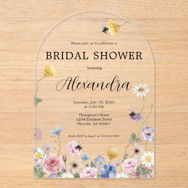 Invitaciones Acrílicas Garden Wildflowers Bridal Shower Invitation (Anverso)