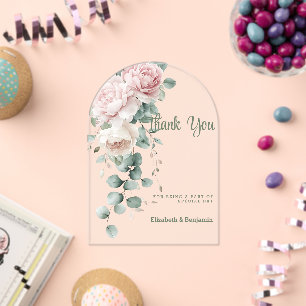 Invitaciones Acrílicas Garland pink peonies eucalyptus leaf Gracias