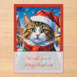 Invitaciones Acrílicas Gato Navideño Festivo con Gorro de Santa