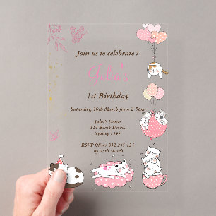 Invitaciones Acrílicas Gatos lindos rosa cumpleaños 1