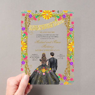 Invitaciones Acrílicas Gemelas Colorida Fiesta Floral Marco Dorado Mis Qu