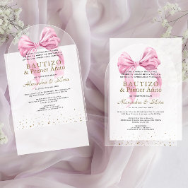 Invitaciones Acrílicas Gemelas Hijas Lazo Rosa Primer Añito Bautizo
