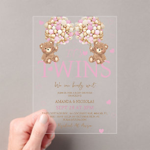 Invitaciones Acrílicas Gemelas Osito Rosa Niñas Globos Baby Shower 