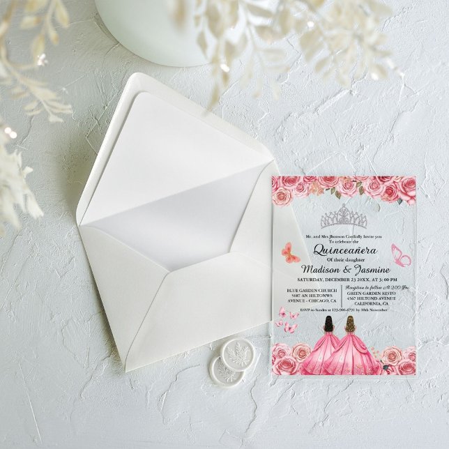 Invitaciones Acrílicas Gemelos de mariposa floral rosa real Quinceanera (Subido por el creador)