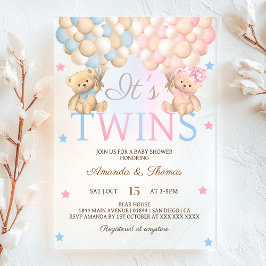 Invitaciones Acrílicas Gemelos Niño Niña Oso Con Globos Fiesta De Bebé