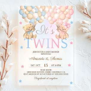 Invitaciones Acrílicas Gemelos Niño Niña Oso Con Globos Fiesta De Bebé