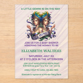 Invitaciones Acrílicas Gemini Zodiac Baby Shower Lavender and Green