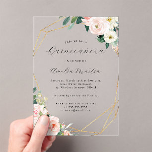 Invitaciones Acrílicas Geo Claro Acrílico Quinceañera Floral