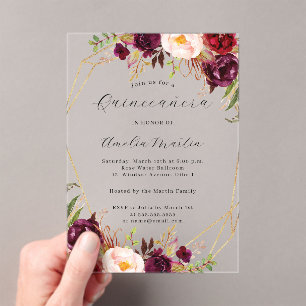 Invitaciones Acrílicas Geo Claro Acrílico Quinceañera Floral Burgundy