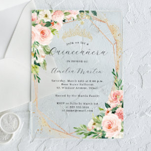Invitaciones Acrílicas Geo Rosa Floral Transparente Acrílico Floral Quinc