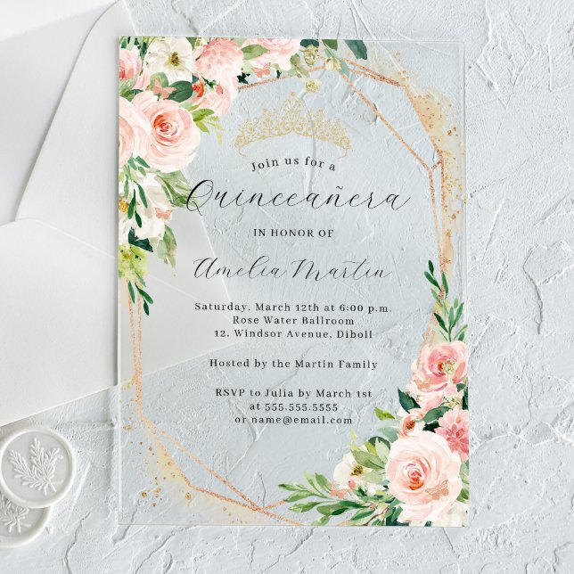 Invitaciones Acrílicas Geo Rosa Floral Transparente Acrílico Floral Quinc (Subido por el creador)