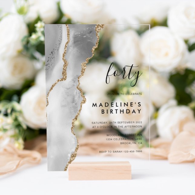Invitaciones Acrílicas Geode 40 años de la Agate de Oro Plateado minimali (Subido por el creador)