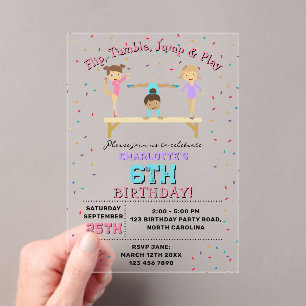 Invitaciones Acrílicas Gimnasia Niños Chica Fiesta de Cumpleaños Tema Cla