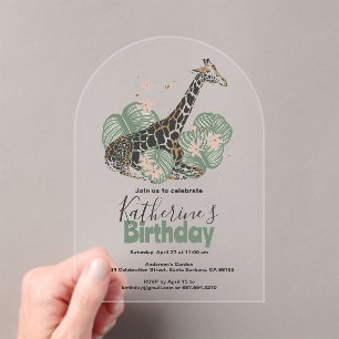 Invitaciones Acrílicas Giraffe Botánica Greenery Partido de Cumpleaños An