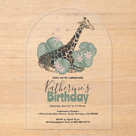Invitaciones Acrílicas Giraffe Botánica Greenery Partido de Cumpleaños An