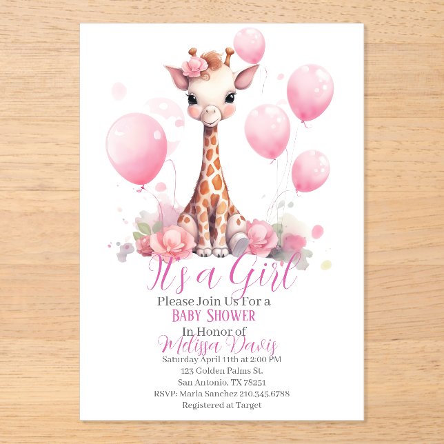 Invitaciones Acrílicas Giraffe Girl Baby Shower Invitation (Anverso)