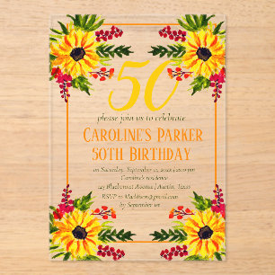 Invitaciones Acrílicas Girasol Cumpleaños 50 Cumpleaños Amarillo Floral A
