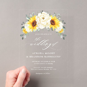 Invitaciones Acrílicas Girasol Marfil Peonía Floral Eucalipto Boda   