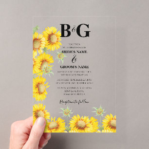 Invitaciones Acrílicas Girasoles Monograma Acuarela Amarillo Boda