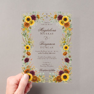 Invitaciones Acrílicas Girasoles Rosas Borgoña Óxido Floral Otoño Boda