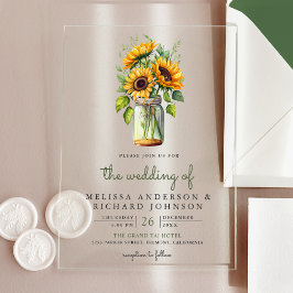 Invitaciones Acrílicas Girasoles Rústicos en Tarro de Mason para Boda