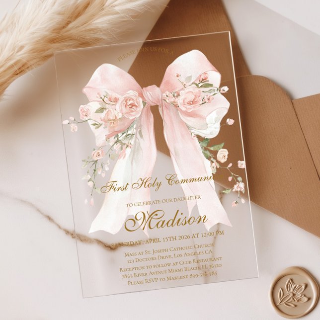 Invitaciones Acrílicas Girl Floral Bow First Holy Communion (Subido por el creador)