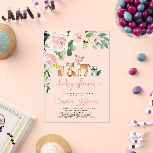 Invitaciones Acrílicas Girl Woodland Baby Shower Forest Animals Pink Rose (Insitu (Celebración))
