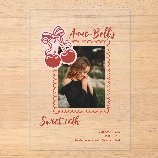 Invitaciones Acrílicas Girls Cherry Sweet 16th Birthday Invitation (Anverso)