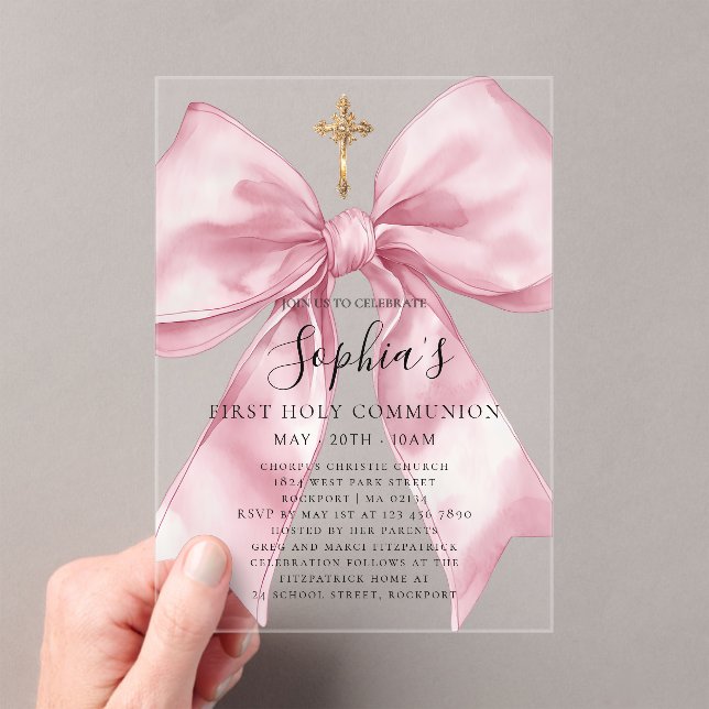 Invitaciones Acrílicas Girl's First Communion Pink Bow Acrylic Invitation (Insitu (portátil))