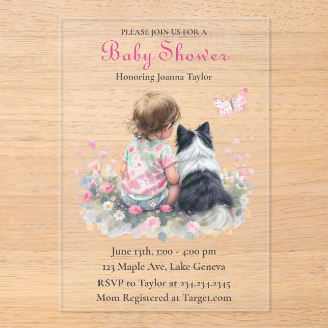 Invitaciones Acrílicas Girl's Pink Baby Shower Dog Themed (Anverso)