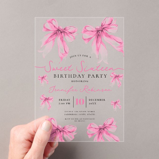 Invitaciones Acrílicas Girly Coquette Bow Sweet 16 Birthday Blush Pink  (Insitu (portátil))