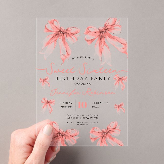 Invitaciones Acrílicas Girly Coquette Bow Sweet 16 Birthday Rose Gold  (Insitu (portátil))