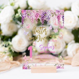 Invitaciones Acrílicas Girly Floral Wisteria Niños Mariposa de Oro Cumple