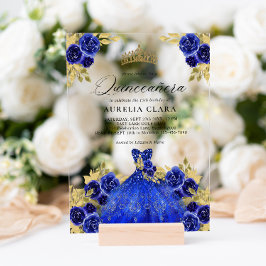 Invitaciones Acrílicas Glam Blue Dress Floral acuarela 15 Quinceañera