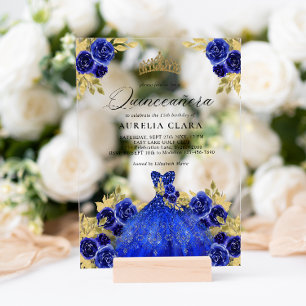 Invitaciones Acrílicas Glam Blue Dress Floral acuarela 15 Quinceañera