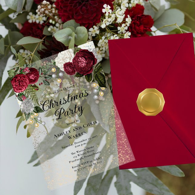 Invitaciones Acrílicas Glam Burgundy Rosa Navidades florales Fiesta (Glam Burgundy Roses and Faux Sepia Gold Glitter Elegant Christmas Party Holiday Acrylic Invitation)
