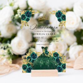 Invitaciones Acrílicas Glam Green Dress Floral 15ª Quinceañera