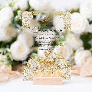 Invitaciones Acrílicas Glam Ivory Gold Vestido Floral 15 Quinceañera