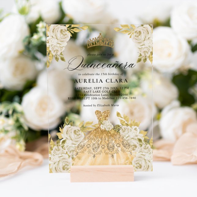 Invitaciones Acrílicas Glam Ivory Gold Vestido Floral 15 Quinceañera (Subido por el creador)