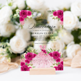 Invitaciones Acrílicas Glam Magenta Vestido Rosa Floral 15ª Quinceañera