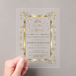 Invitaciones Acrílicas Glam Oro Art Deco Mis Quince Script Quinceañera