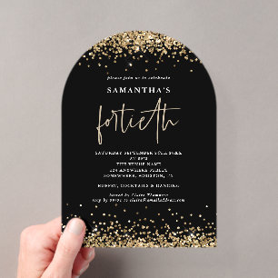 Invitaciones Acrílicas Glam Oro Brillo Cumpleaños Cuarenta Negra