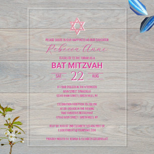 Invitaciones Acrílicas Glam Pink Chic Tradicional Elegante Bat Mitzvah