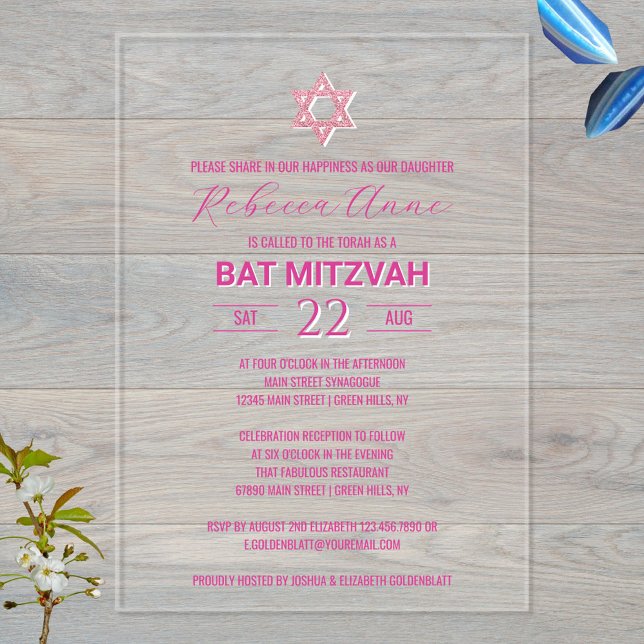 Invitaciones Acrílicas Glam Pink Chic Tradicional Elegante Bat Mitzvah (Modern clear acrylic invitations for your Bat Mitzvah party invites)