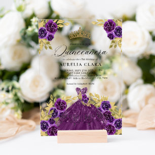 Invitaciones Acrílicas Glam Purple Vestido Floral 15 Quinceañera
