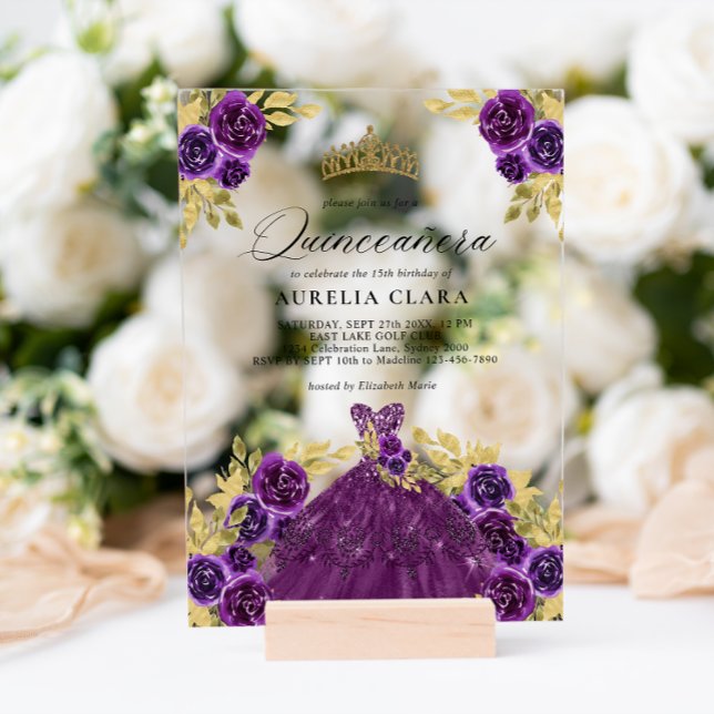 Invitaciones Acrílicas Glam Purple Vestido Floral 15 Quinceañera (Subido por el creador)