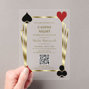 Invitaciones Acrílicas Glam QR Code Vegas Casino Night Man Graduación