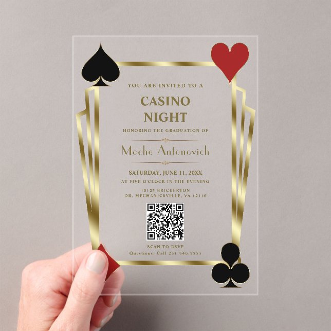 Invitaciones Acrílicas Glam QR Code Vegas Casino Night Man Graduación (Insitu (portátil))