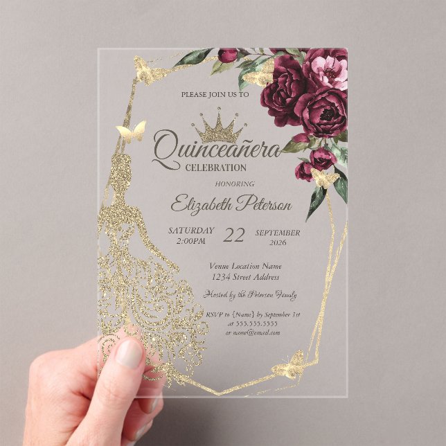 Invitaciones Acrílicas Glitter Dress,Butterfly Roses Burgundy Quinceañera (Insitu (portátil))